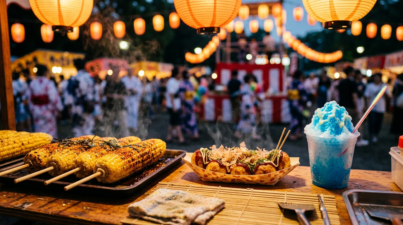 富士見通りの屋台エリアと夏祭りグルメ